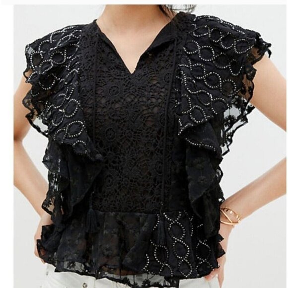Verb by Pallavi Singhee Allyson Ruffled Black Lace Blouse Anthropologie Large - Picture 1 of 7